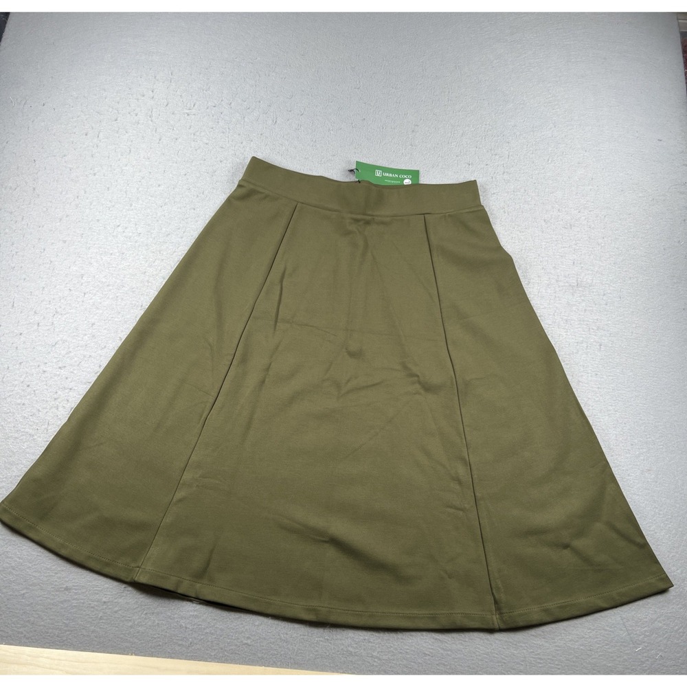 Urban Coco Olive A-Line Midi Skirt Large Pleated Flare Soft Girl Coquette